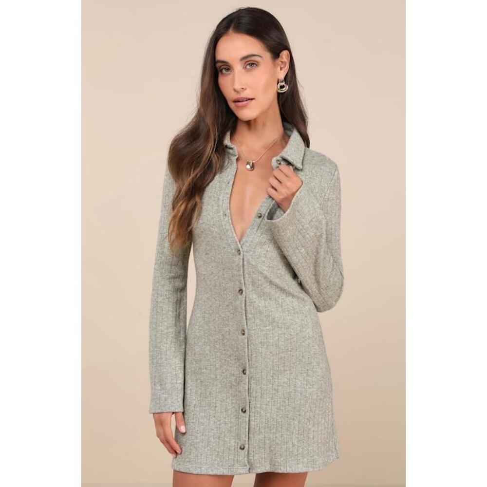 Lulus Cuddly Sweetness Heather Green Button-front Sweater Mini Dress - Size M